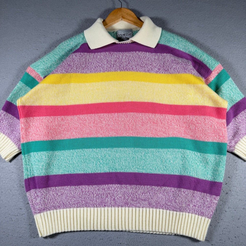 Venezia‎ Sportswear Vintage Rainbow Striped Polo Sweater Oversized Easter Pastel